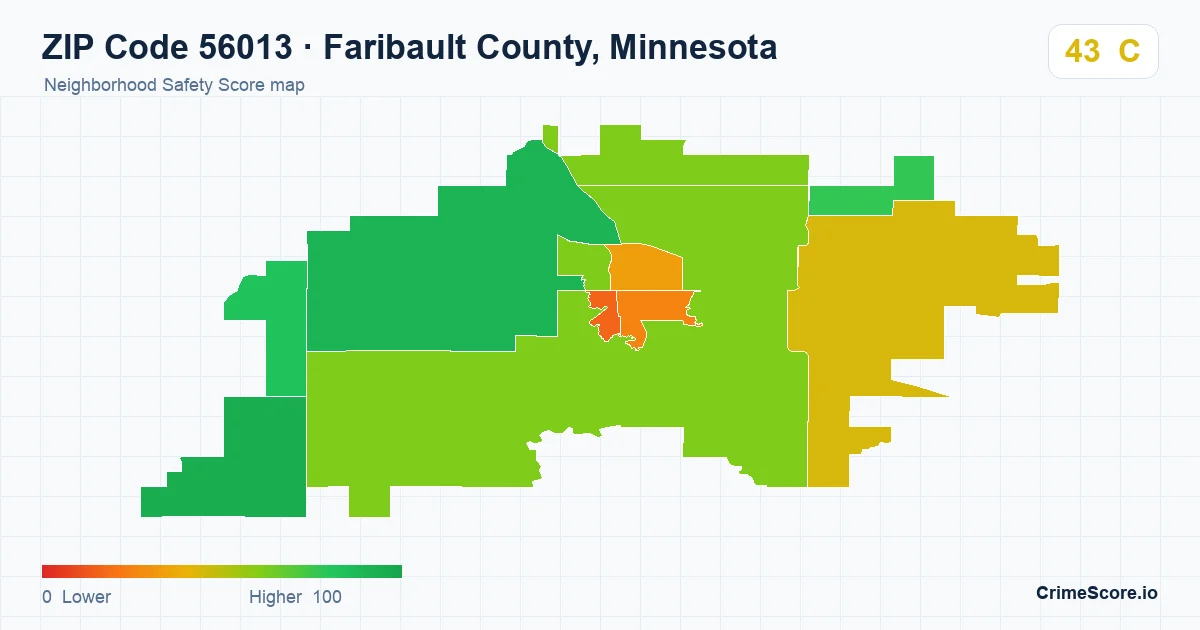 ZIP Code 56013 in Faribault County, Minnesota neighborhood Safety Score map