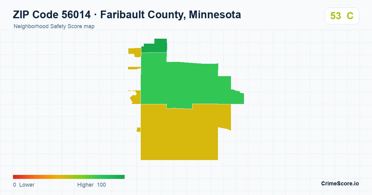 ZIP Code 56014 in Faribault County, Minnesota neighborhood Safety Score map