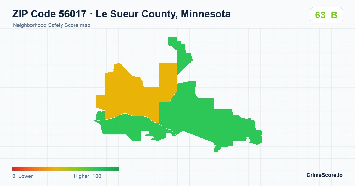 ZIP Code 56017 in Le Sueur County, Minnesota neighborhood Safety Score map
