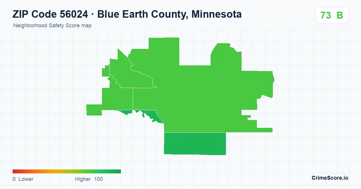 ZIP Code 56024 in Blue Earth County, Minnesota neighborhood Safety Score map