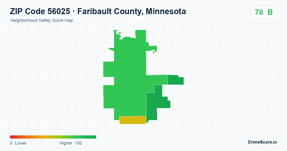 ZIP Code 56025 in Faribault County, Minnesota neighborhood Safety Score map