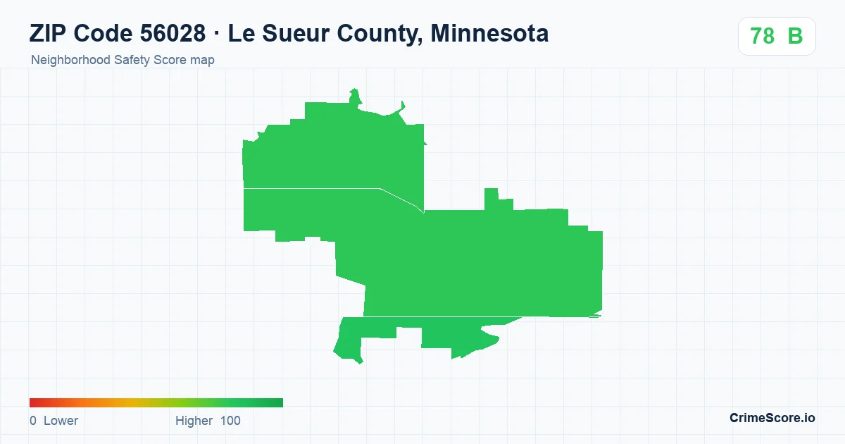 ZIP Code 56028 in Le Sueur County, Minnesota neighborhood Safety Score map