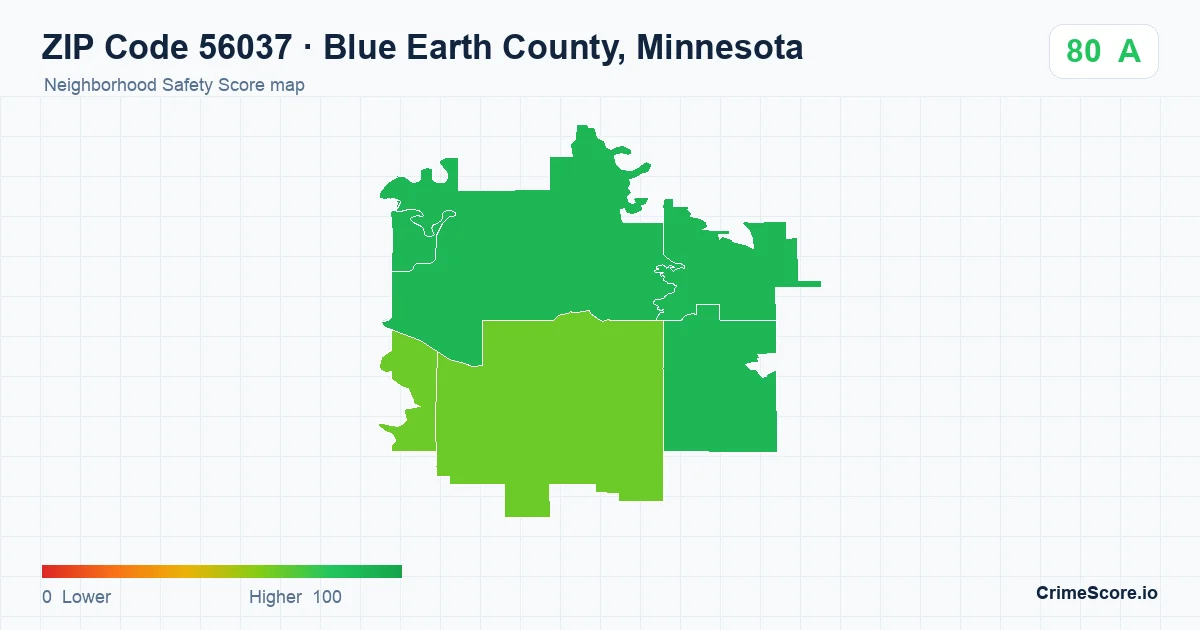 ZIP Code 56037 in Blue Earth County, Minnesota neighborhood Safety Score map