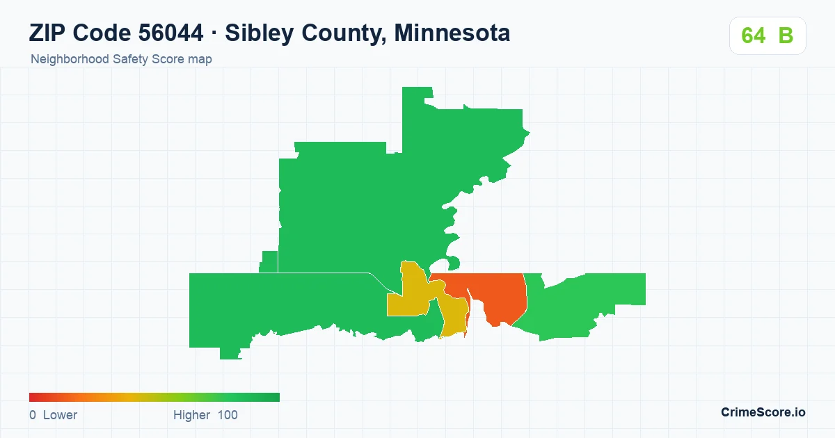 ZIP Code 56044 in Sibley County, Minnesota neighborhood Safety Score map