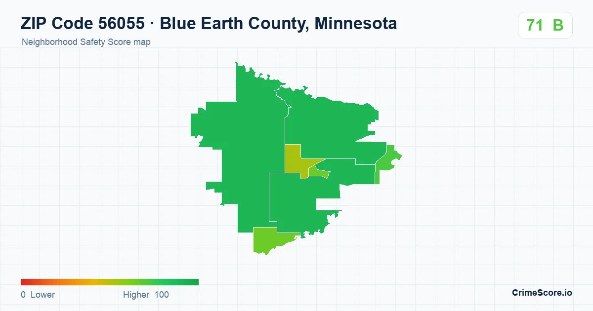 ZIP Code 56055 in Blue Earth County, Minnesota neighborhood Safety Score map