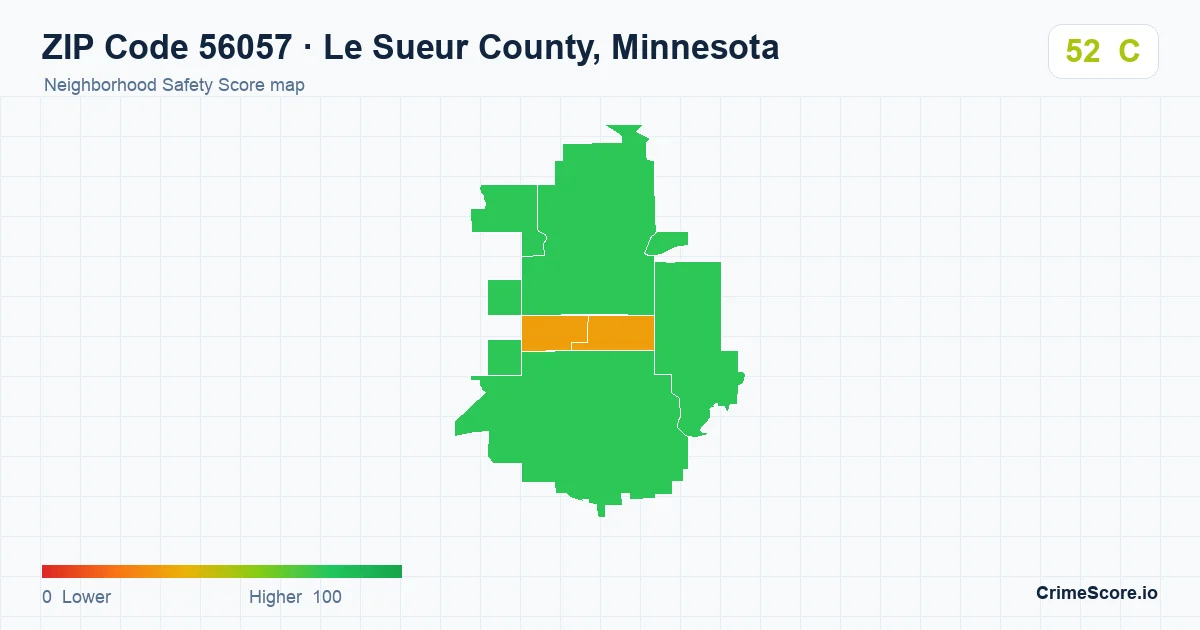 ZIP Code 56057 in Le Sueur County, Minnesota neighborhood Safety Score map