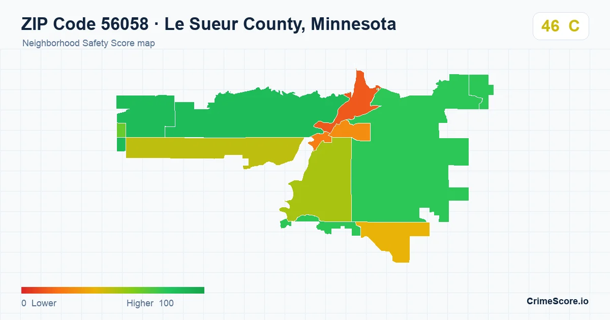 ZIP Code 56058 in Le Sueur County, Minnesota neighborhood Safety Score map