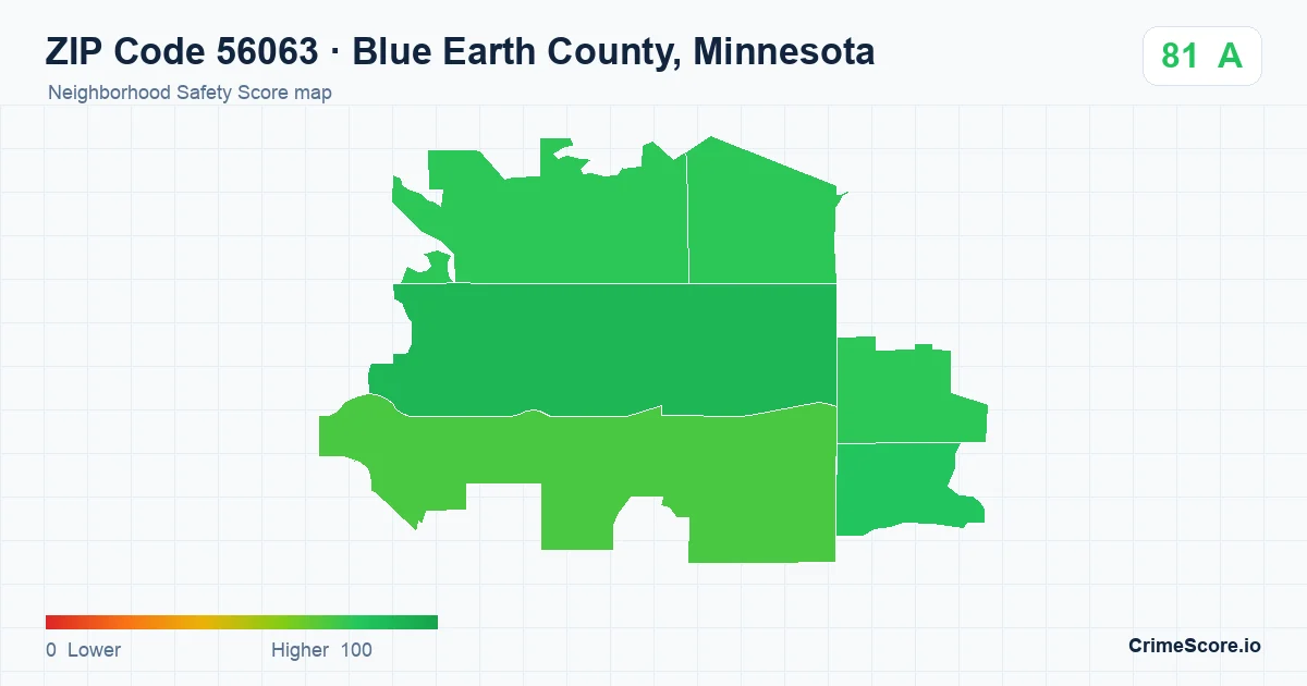 ZIP Code 56063 in Blue Earth County, Minnesota neighborhood Safety Score map
