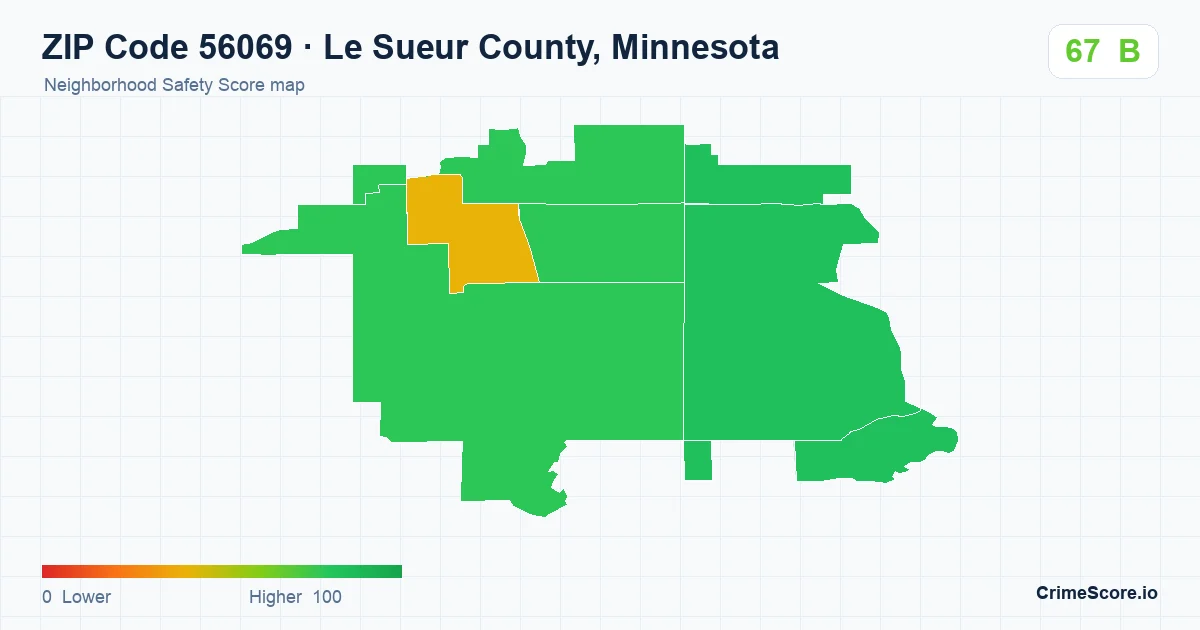 ZIP Code 56069 in Le Sueur County, Minnesota neighborhood Safety Score map