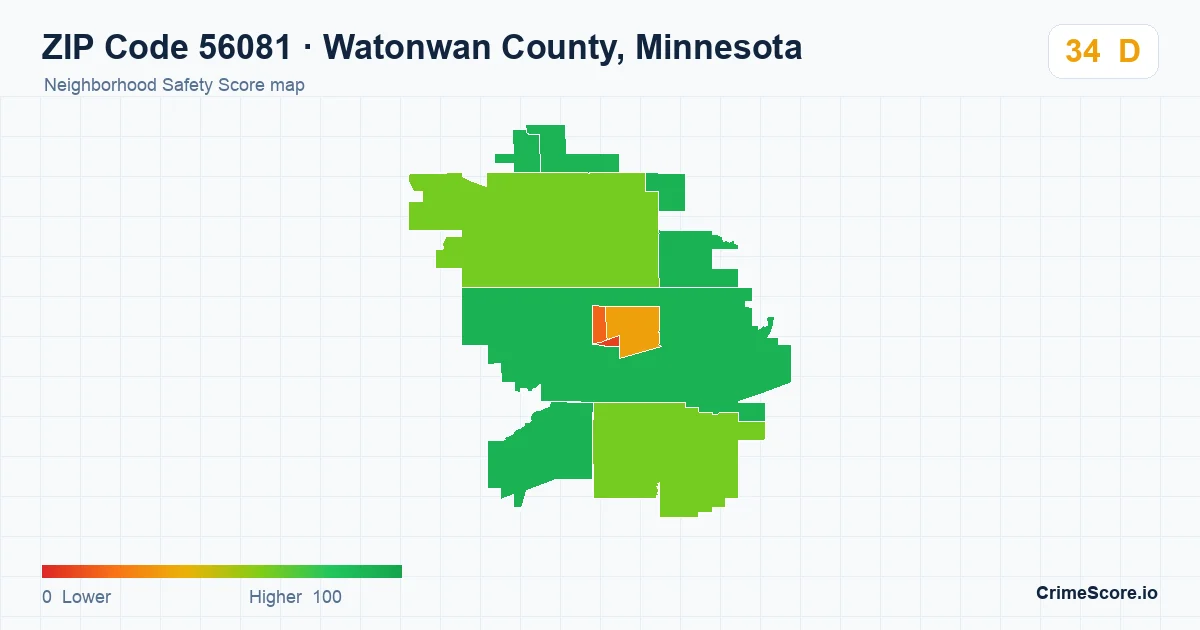 ZIP Code 56081 in Watonwan County, Minnesota neighborhood Safety Score map
