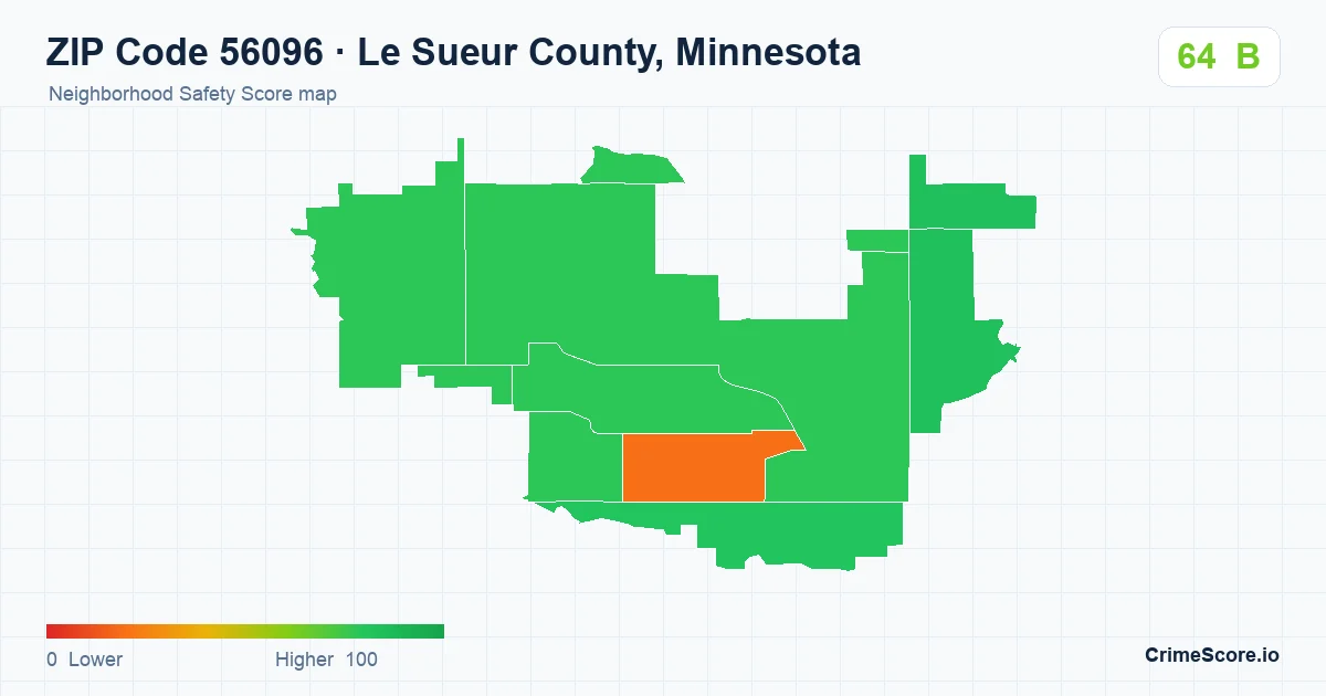 ZIP Code 56096 in Le Sueur County, Minnesota neighborhood Safety Score map