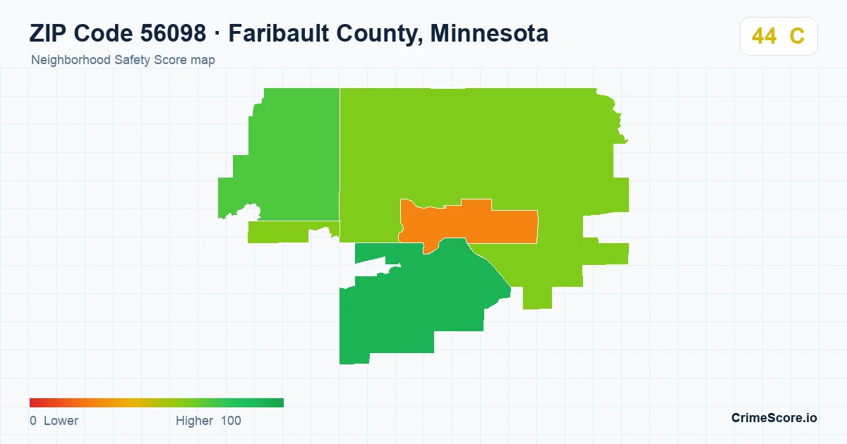 ZIP Code 56098 in Faribault County, Minnesota neighborhood Safety Score map