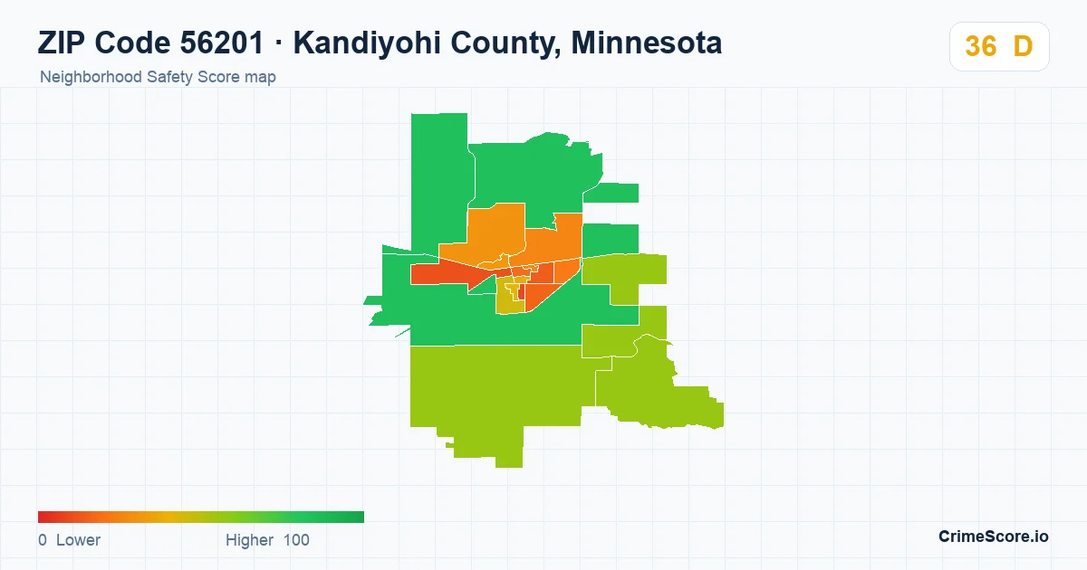 ZIP Code 56201 in Kandiyohi County, Minnesota neighborhood Safety Score map
