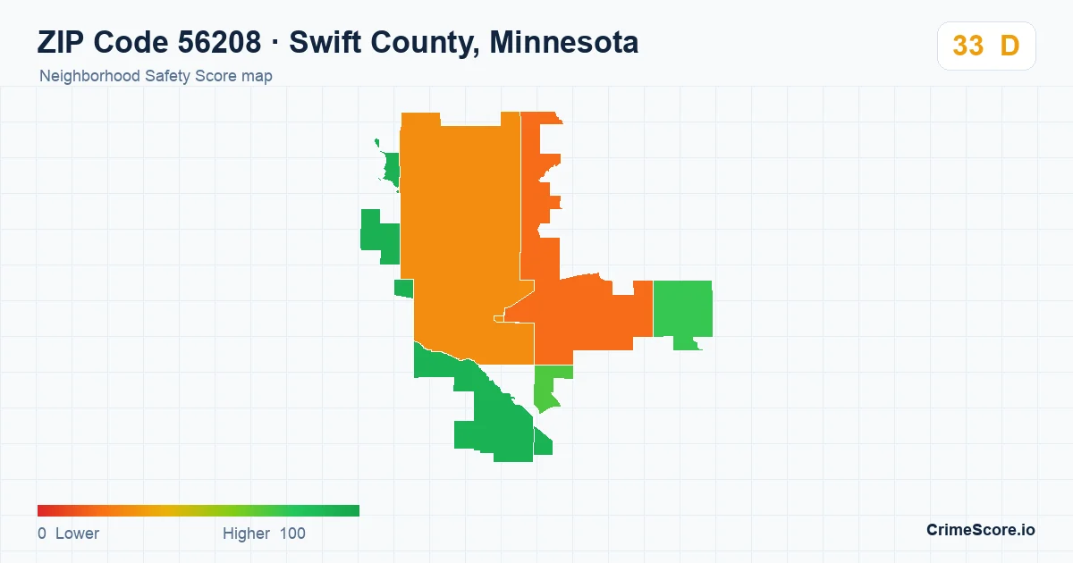ZIP Code 56208 in Swift County, Minnesota neighborhood Safety Score map