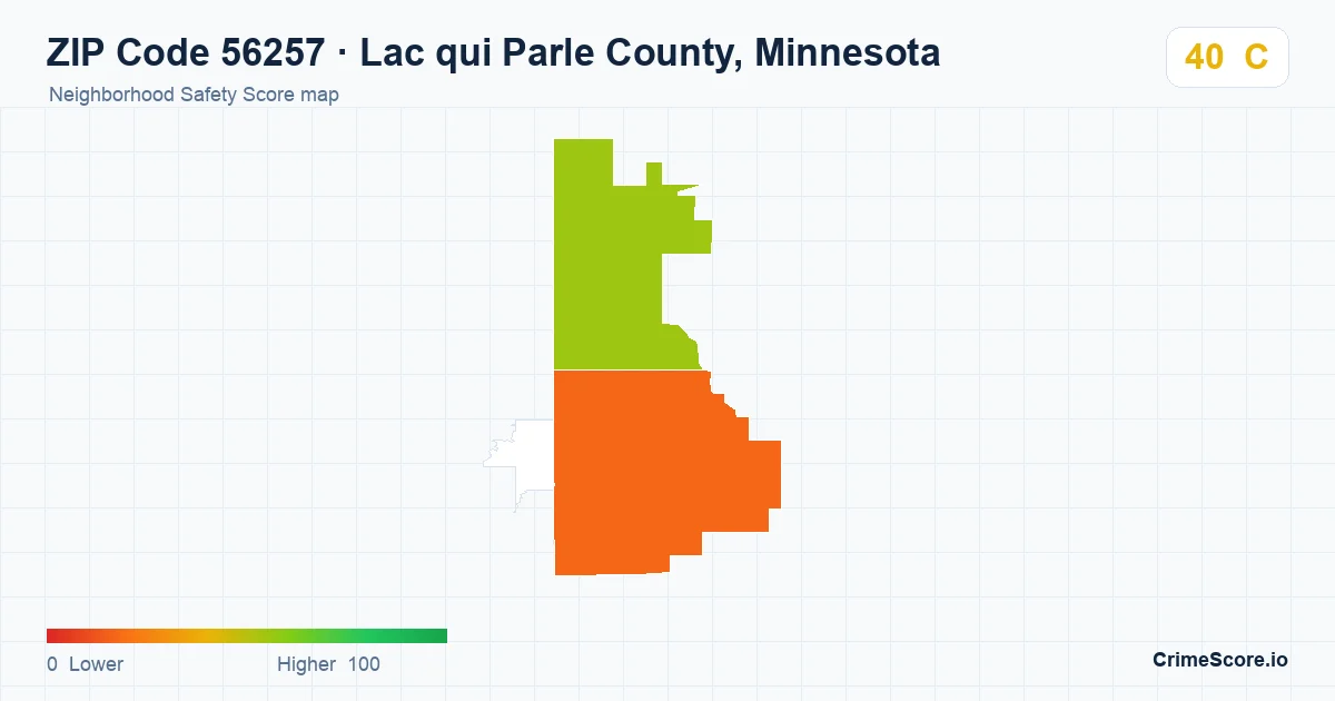 ZIP Code 56257 in Lac qui Parle County, Minnesota neighborhood Safety Score map