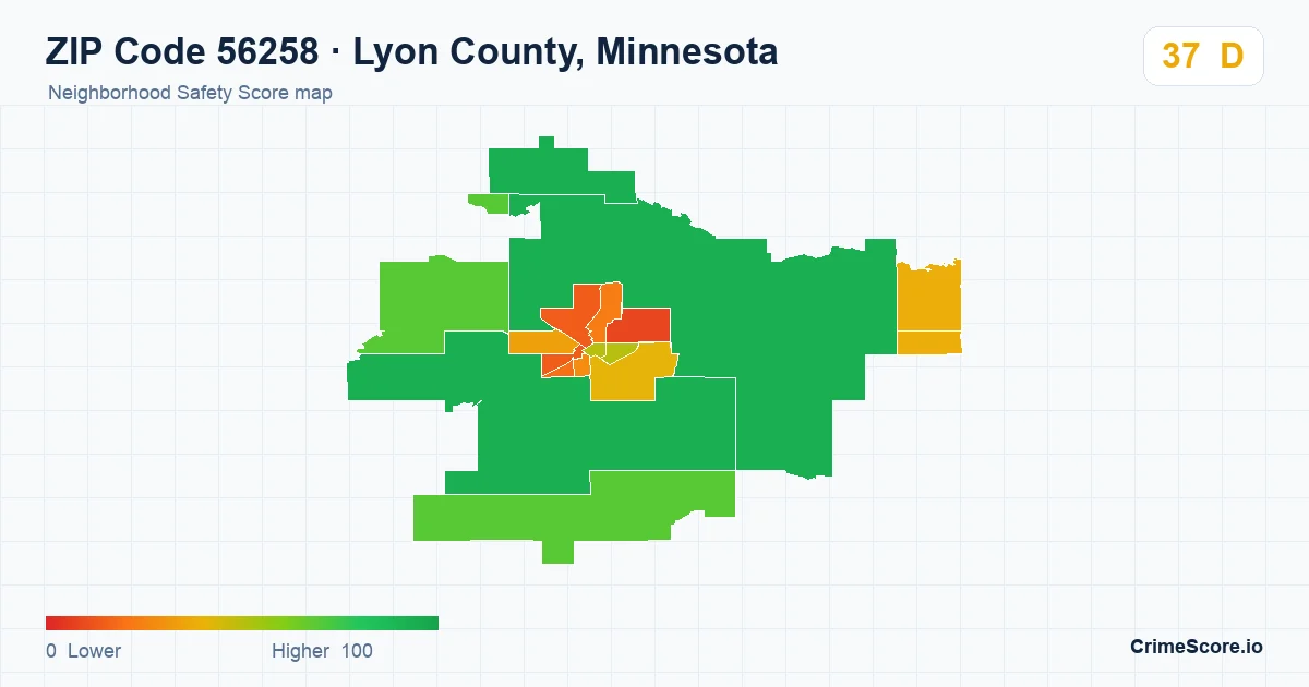 ZIP Code 56258 in Lyon County, Minnesota neighborhood Safety Score map