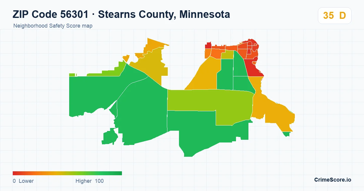 ZIP Code 56301 in Stearns County, Minnesota neighborhood Safety Score map