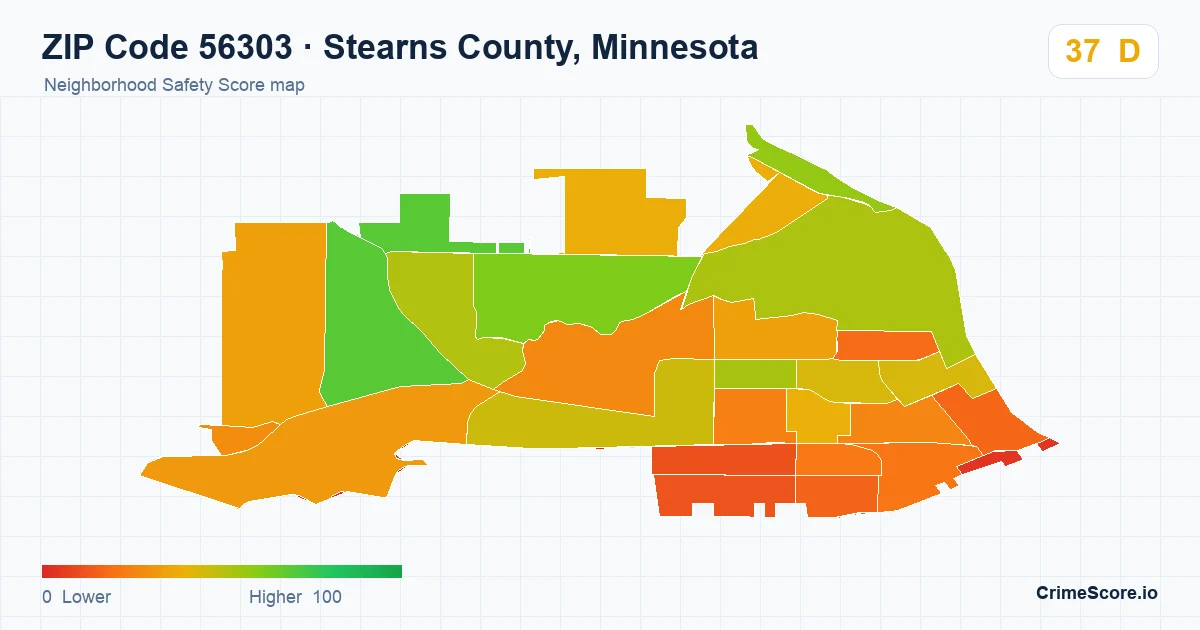 ZIP Code 56303 in Stearns County, Minnesota neighborhood Safety Score map