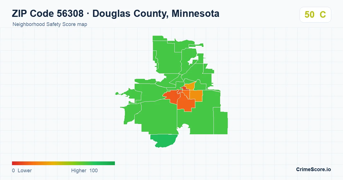 ZIP Code 56308 in Douglas County, Minnesota neighborhood Safety Score map