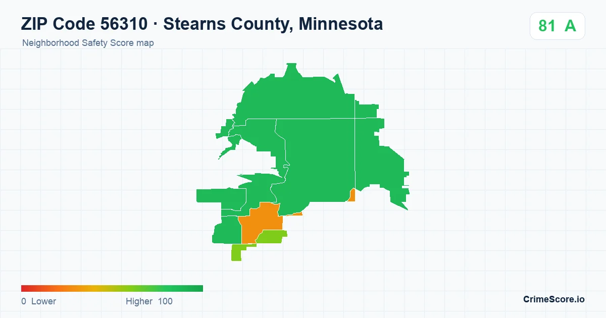 ZIP Code 56310 in Stearns County, Minnesota neighborhood Safety Score map