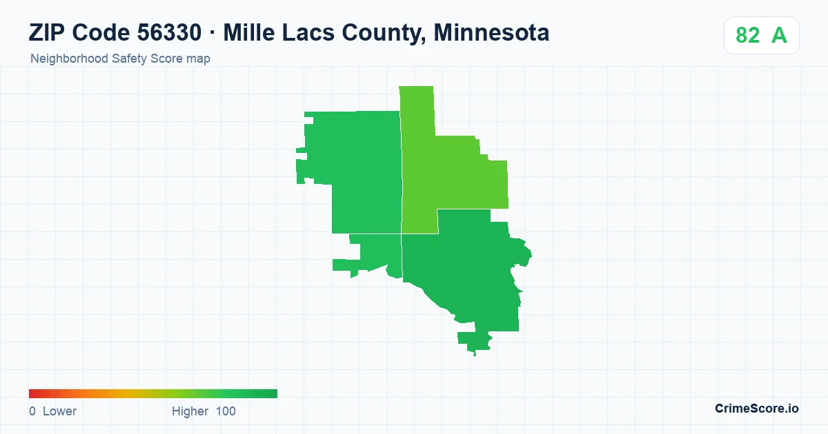 ZIP Code 56330 in Mille Lacs County, Minnesota neighborhood Safety Score map