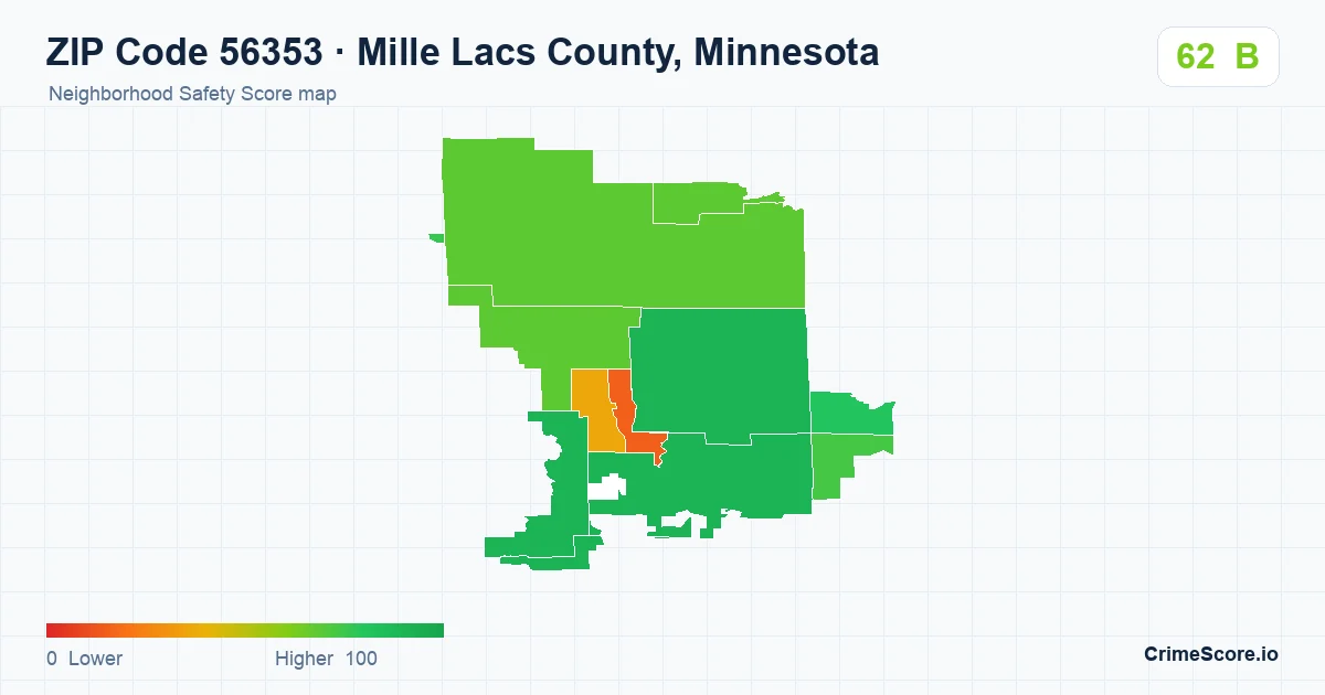 ZIP Code 56353 in Mille Lacs County, Minnesota neighborhood Safety Score map