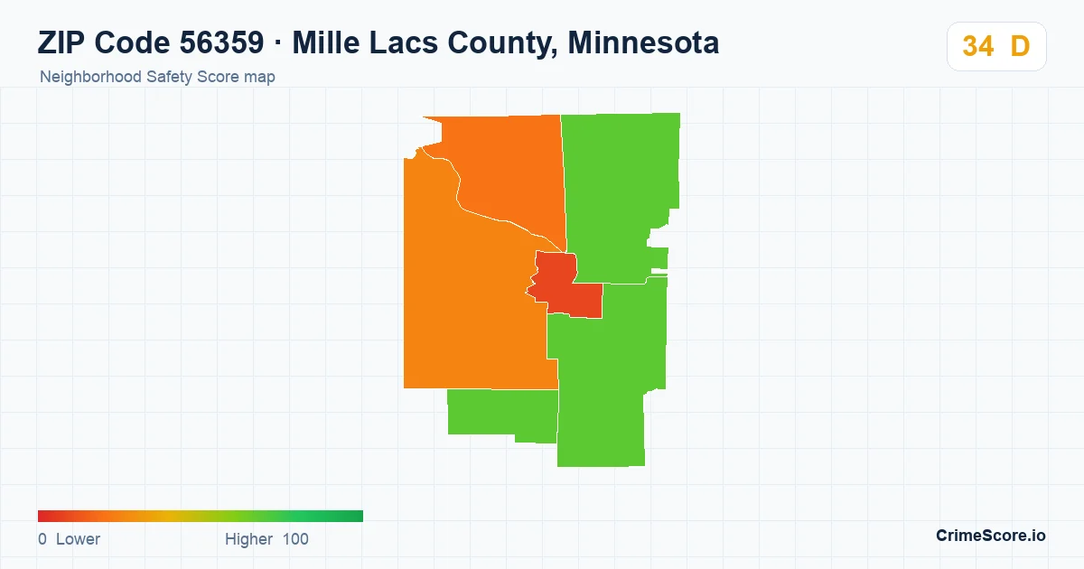 ZIP Code 56359 in Mille Lacs County, Minnesota neighborhood Safety Score map