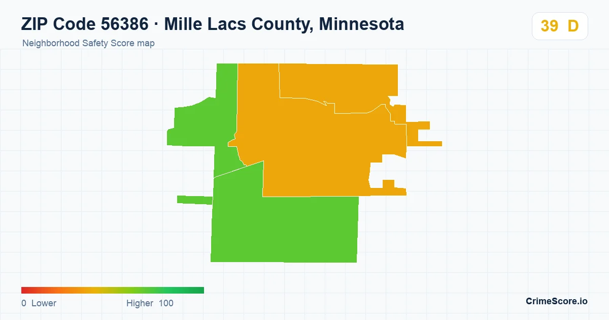 ZIP Code 56386 in Mille Lacs County, Minnesota neighborhood Safety Score map