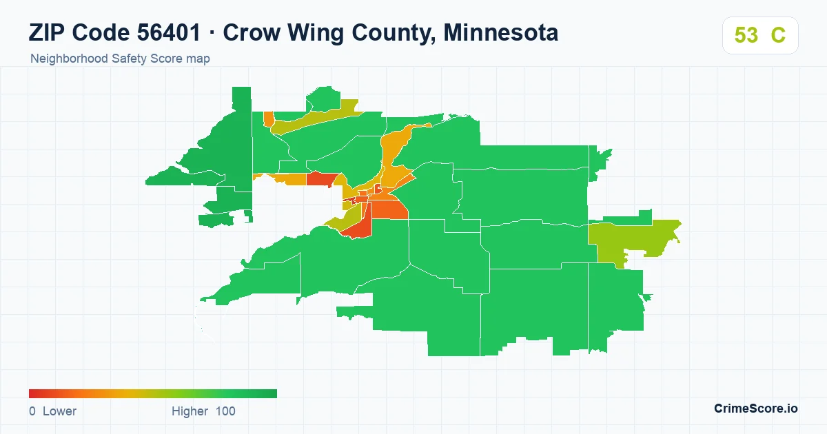 ZIP Code 56401 in Crow Wing County, Minnesota neighborhood Safety Score map