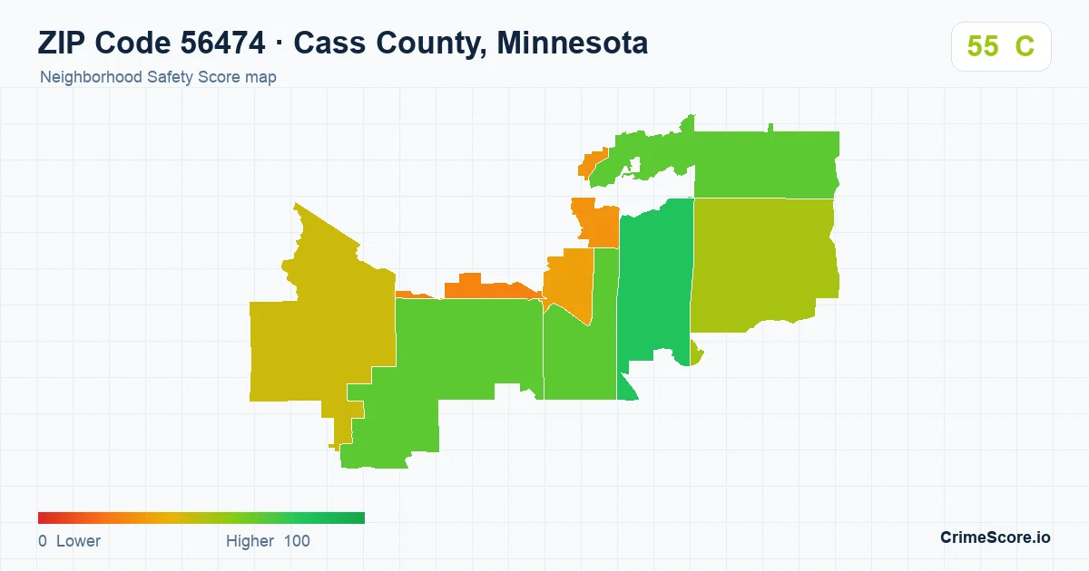 ZIP Code 56474 in Cass County, Minnesota neighborhood Safety Score map