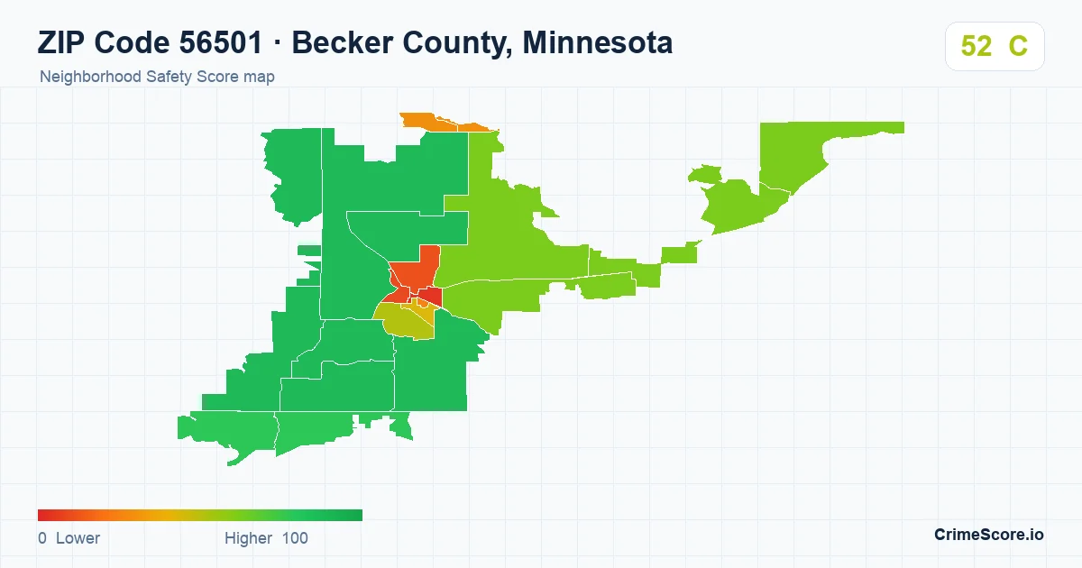 ZIP Code 56501 in Becker County, Minnesota neighborhood Safety Score map