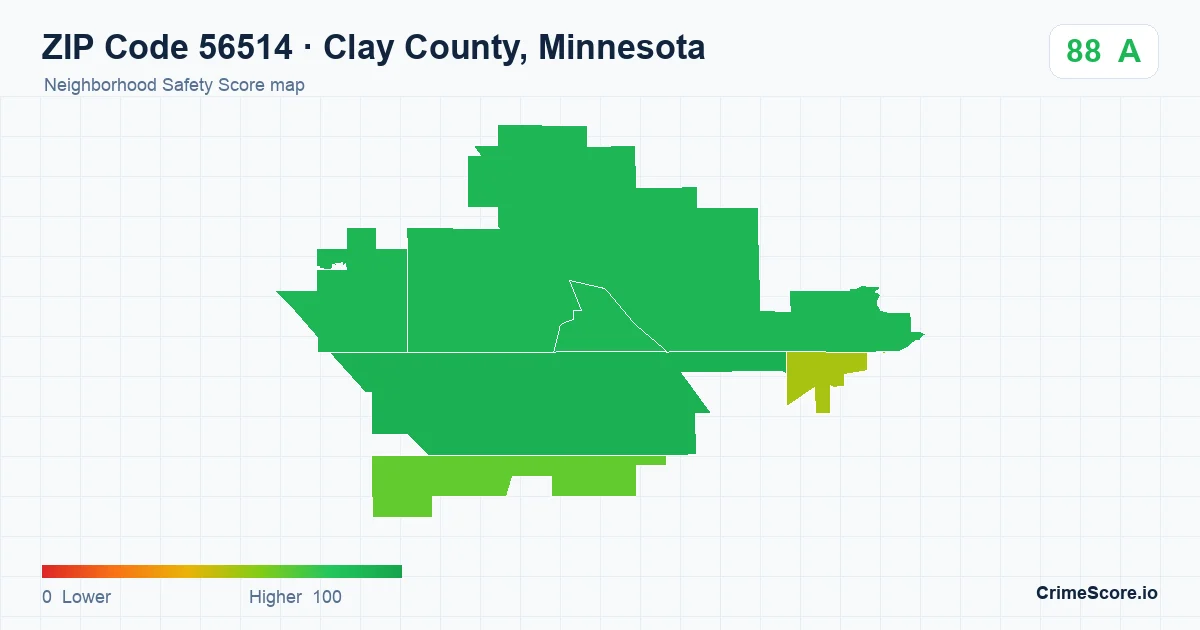 ZIP Code 56514 in Clay County, Minnesota neighborhood Safety Score map