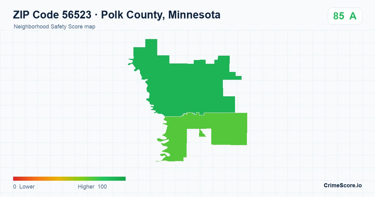 ZIP Code 56523 in Polk County, Minnesota neighborhood Safety Score map