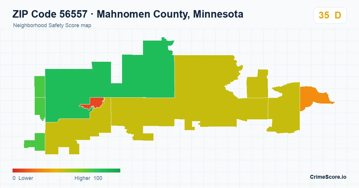 ZIP Code 56557 in Mahnomen County, Minnesota neighborhood Safety Score map