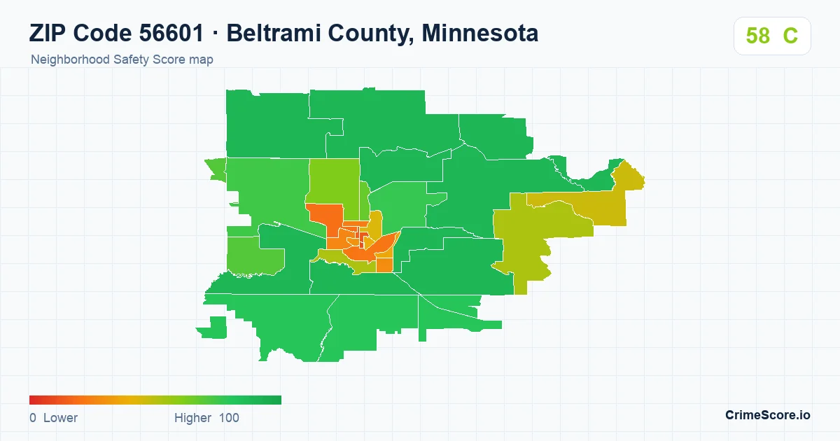 ZIP Code 56601 in Beltrami County, Minnesota neighborhood Safety Score map