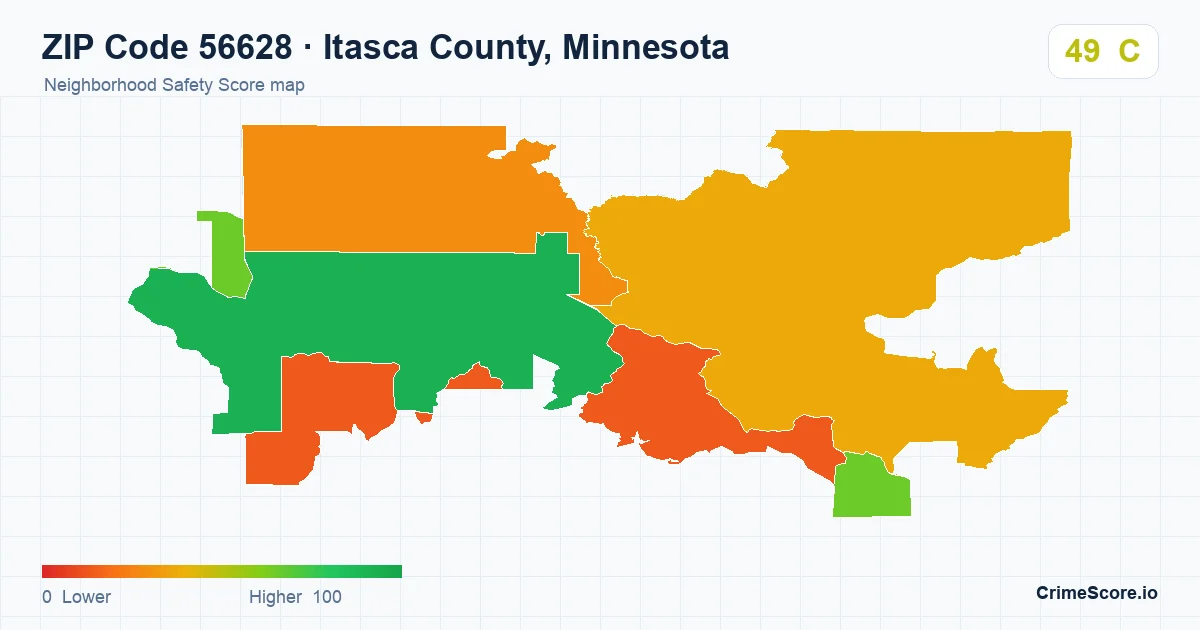 ZIP Code 56628 in Itasca County, Minnesota neighborhood Safety Score map