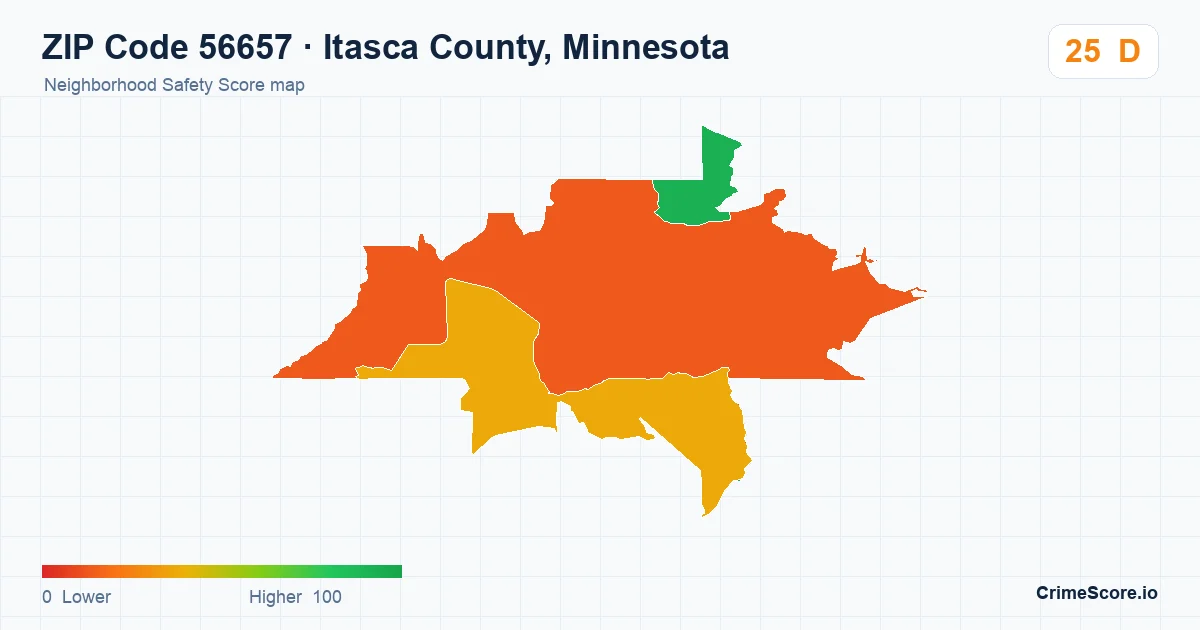 ZIP Code 56657 in Itasca County, Minnesota neighborhood Safety Score map