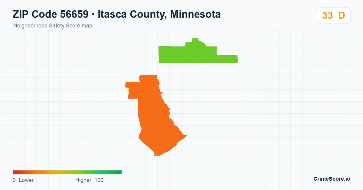 ZIP Code 56659 in Itasca County, Minnesota neighborhood Safety Score map