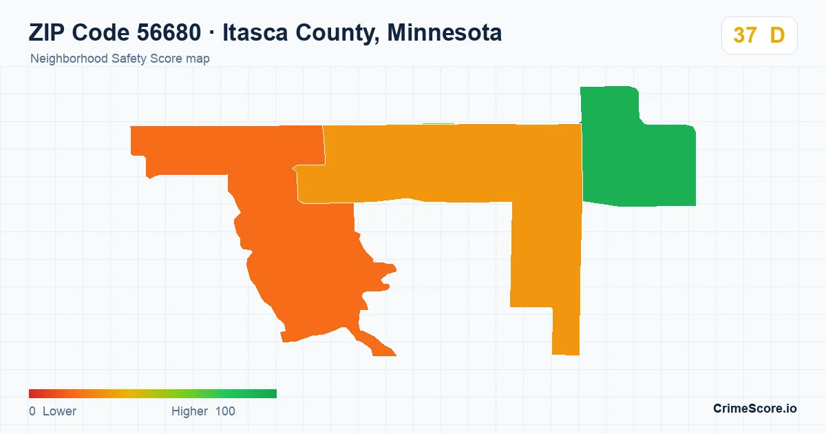 ZIP Code 56680 in Itasca County, Minnesota neighborhood Safety Score map