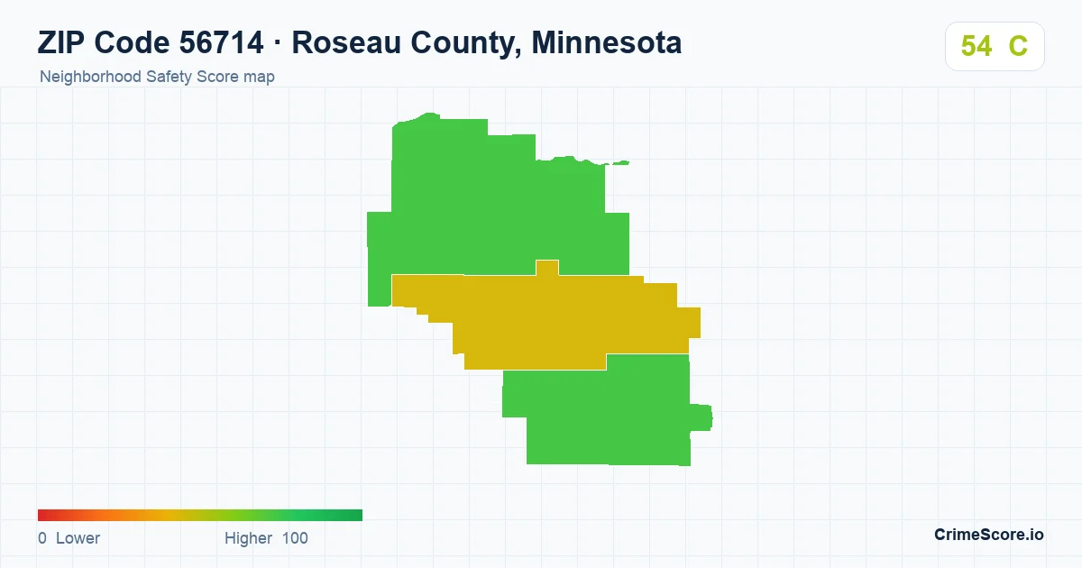 ZIP Code 56714 in Roseau County, Minnesota neighborhood Safety Score map