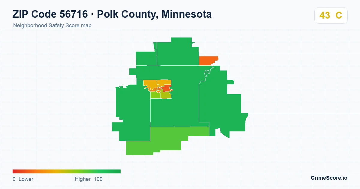ZIP Code 56716 in Polk County, Minnesota neighborhood Safety Score map