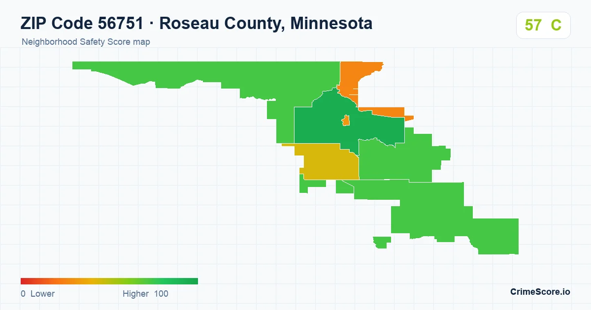 ZIP Code 56751 in Roseau County, Minnesota neighborhood Safety Score map
