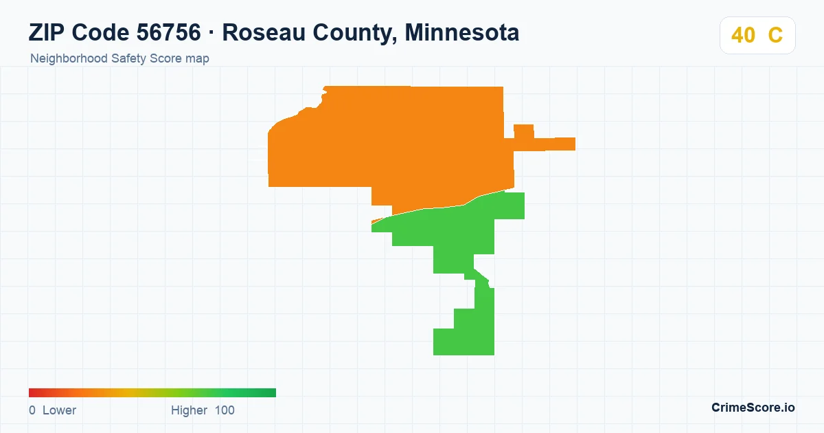 ZIP Code 56756 in Roseau County, Minnesota neighborhood Safety Score map