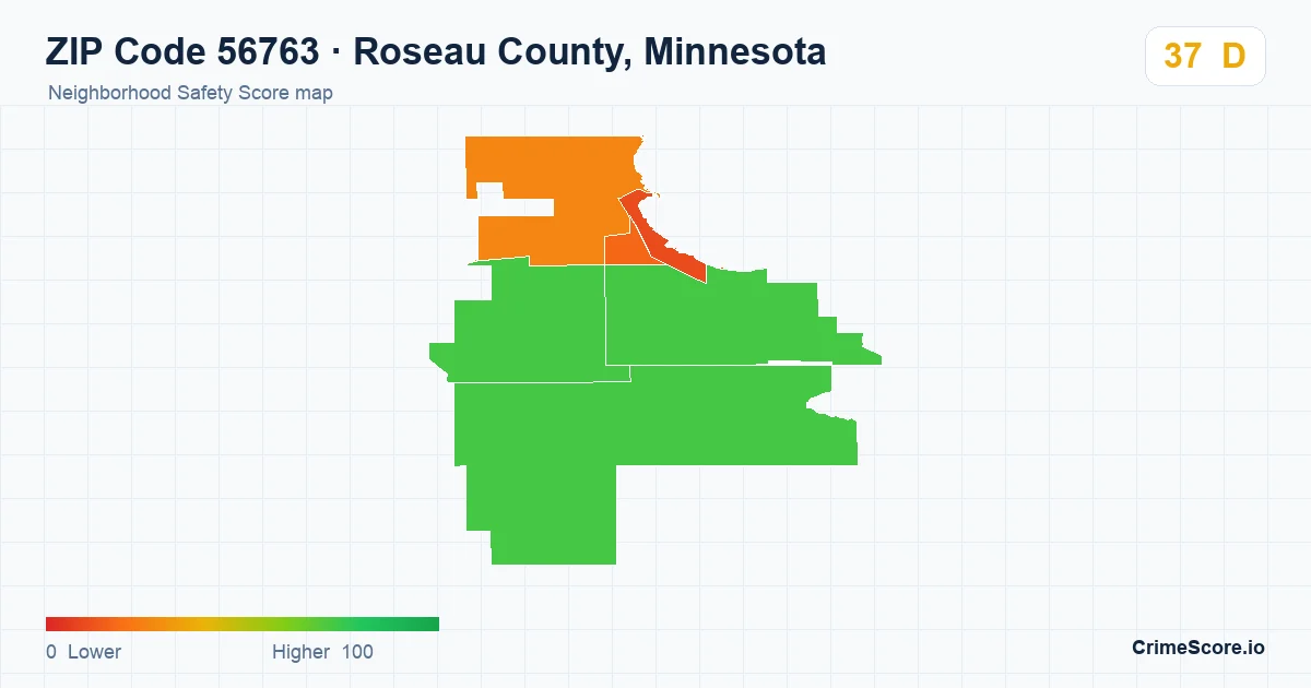 ZIP Code 56763 in Roseau County, Minnesota neighborhood Safety Score map