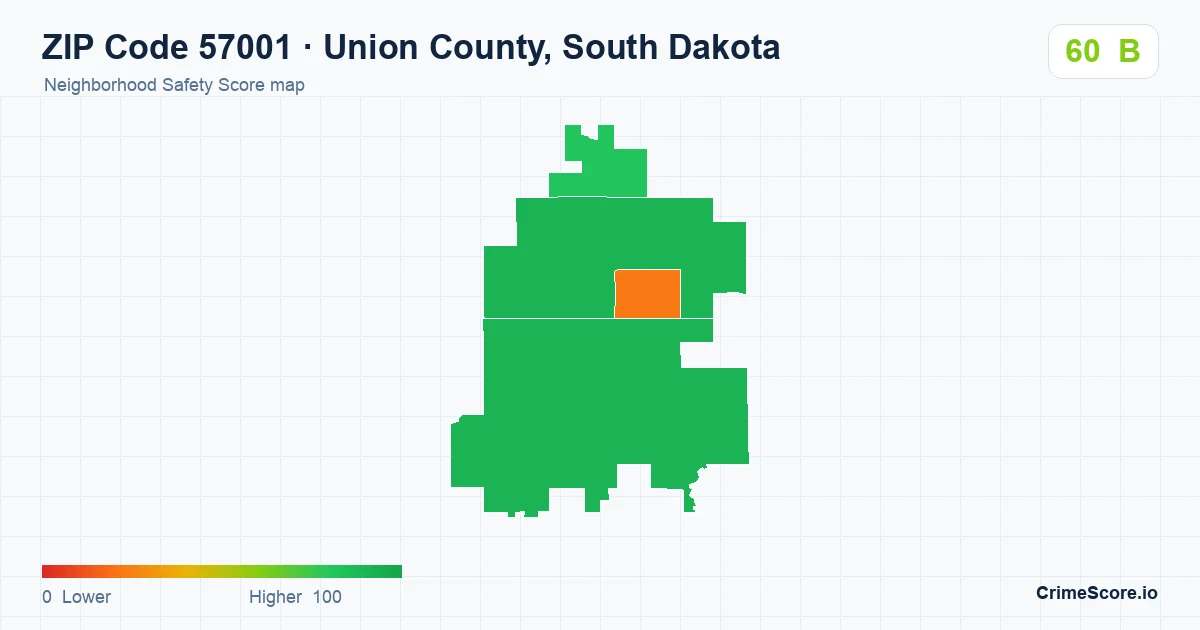 ZIP Code 57001 in Union County, South Dakota neighborhood Safety Score map