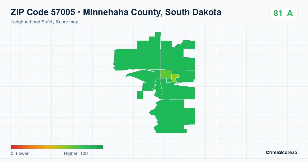 ZIP Code 57005 in Minnehaha County, South Dakota neighborhood Safety Score map