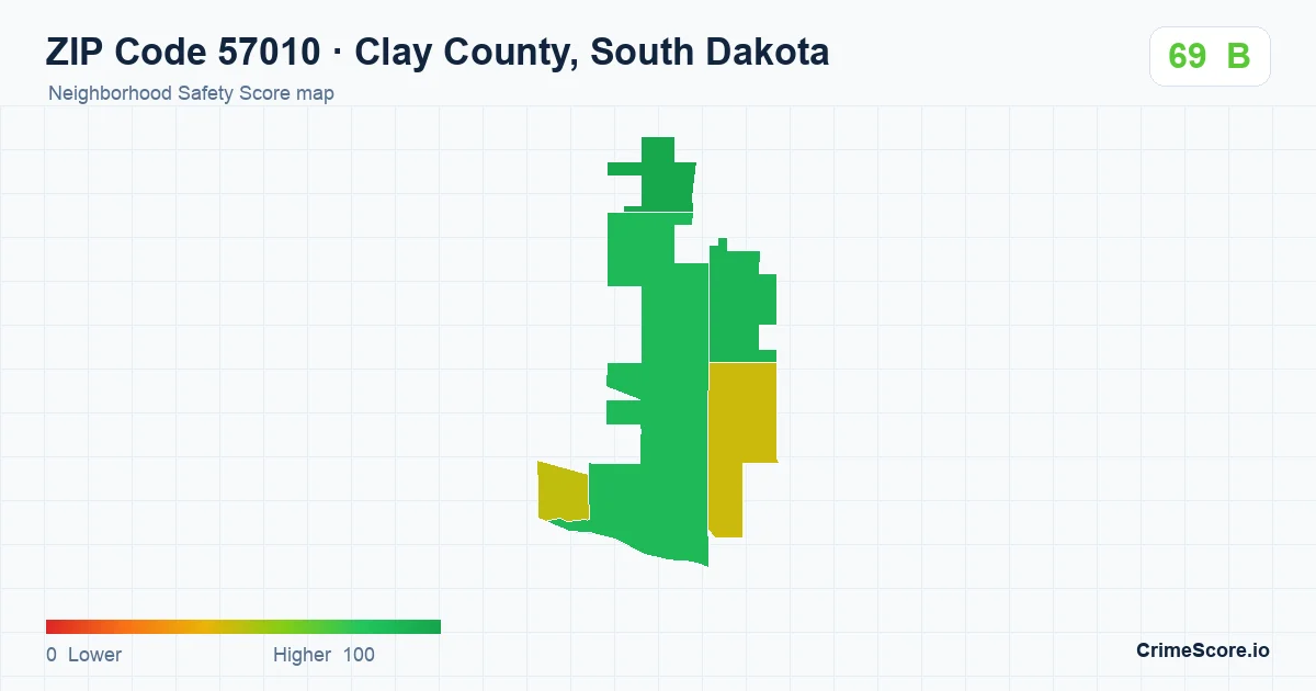 ZIP Code 57010 in Clay County, South Dakota neighborhood Safety Score map