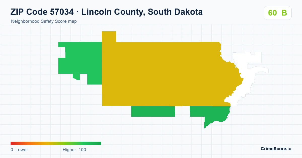 ZIP Code 57034 in Lincoln County, South Dakota neighborhood Safety Score map