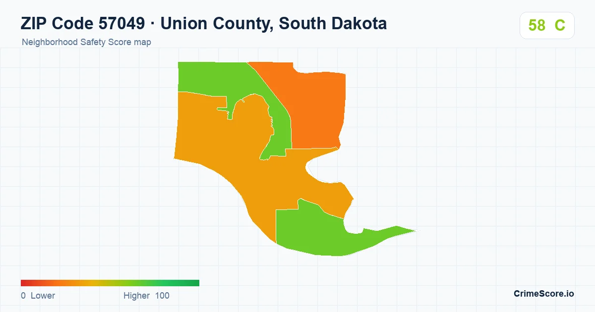 ZIP Code 57049 in Union County, South Dakota neighborhood Safety Score map