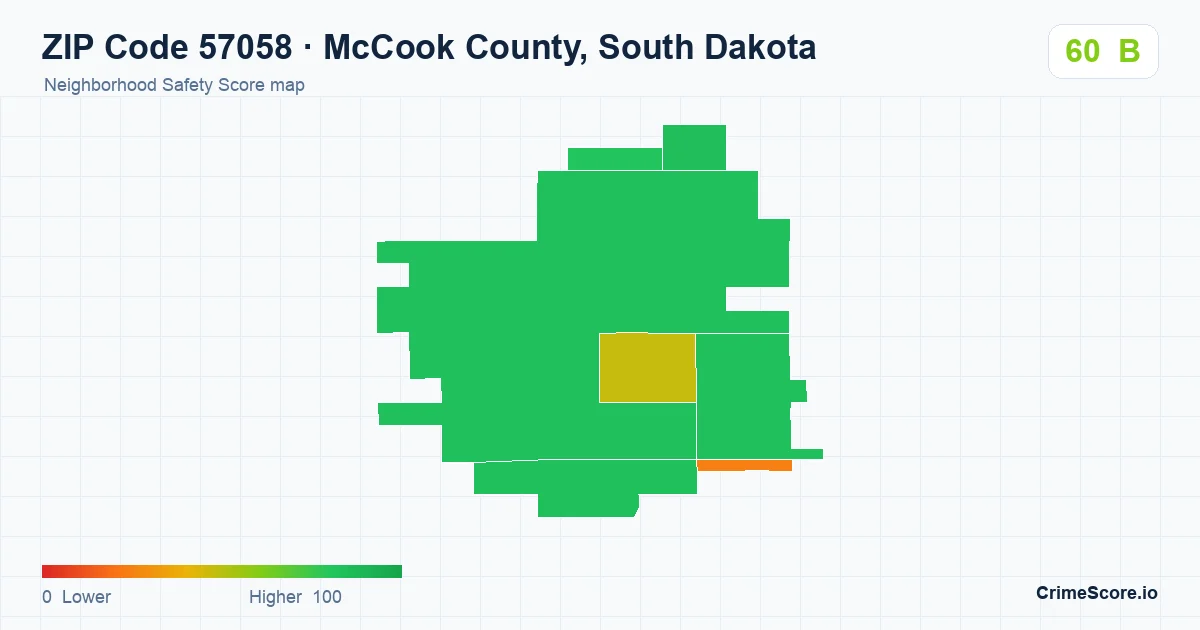 ZIP Code 57058 in McCook County, South Dakota neighborhood Safety Score map